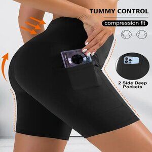 Women's High Waisted Quick Dry Stretch Yoga Bike Shorts w/Pockets Black S-XL